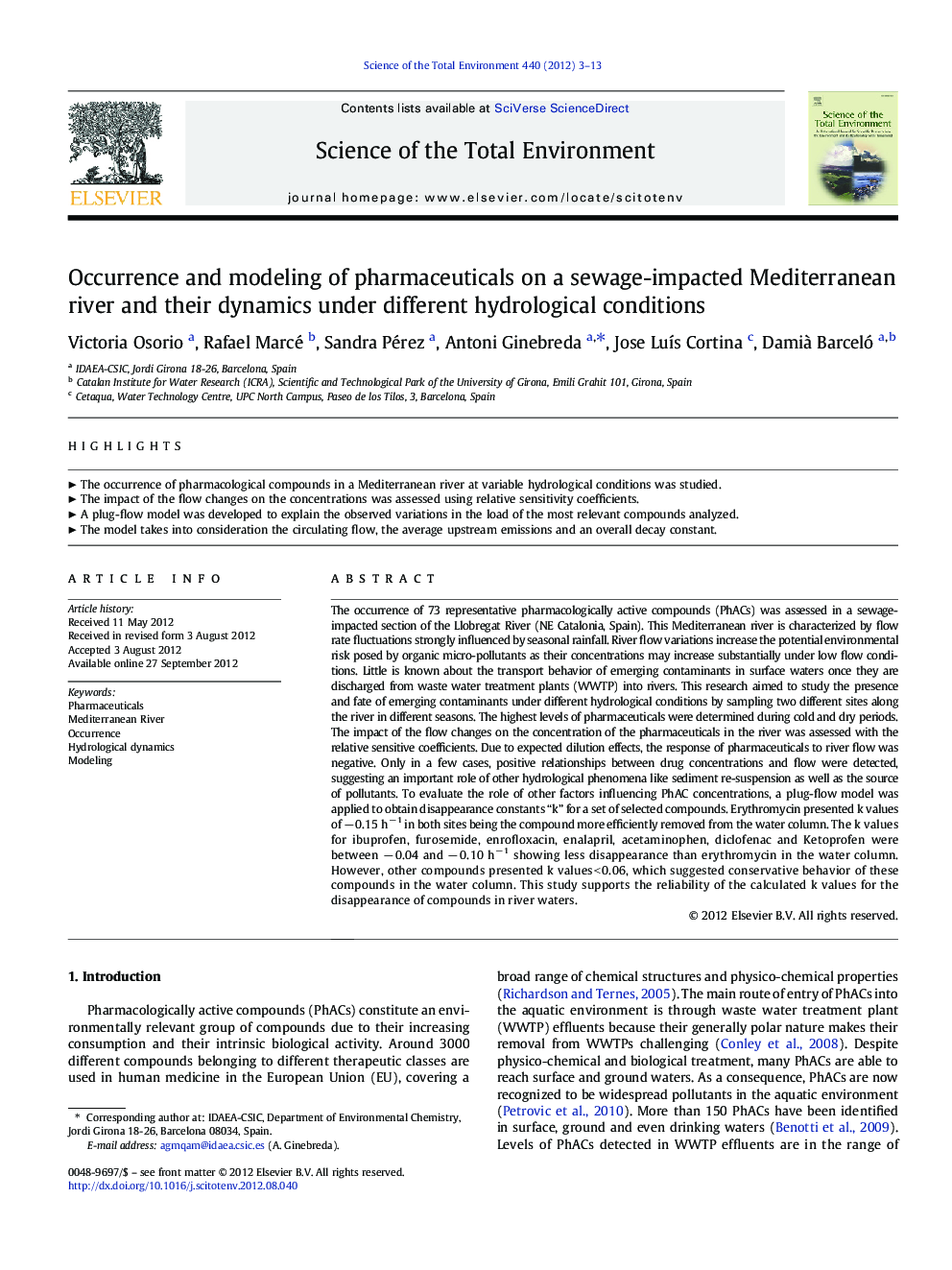 Occurrence and modeling of pharmaceuticals on a sewage-impacted Mediterranean river and their dynamics under different hydrological conditions