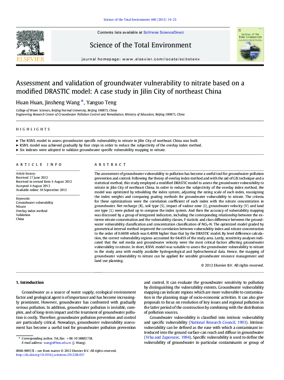 Assessment and validation of groundwater vulnerability to nitrate based on a modified DRASTIC model: A case study in Jilin City of northeast China