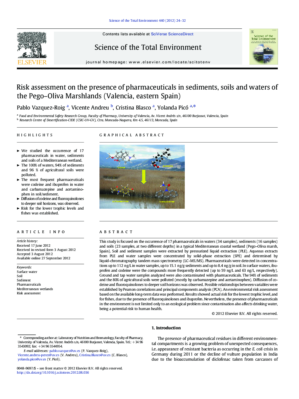 Risk assessment on the presence of pharmaceuticals in sediments, soils and waters of the Pego–Oliva Marshlands (Valencia, eastern Spain)