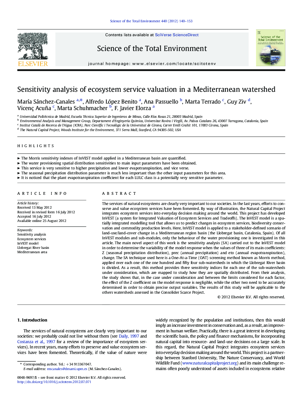 Sensitivity analysis of ecosystem service valuation in a Mediterranean watershed