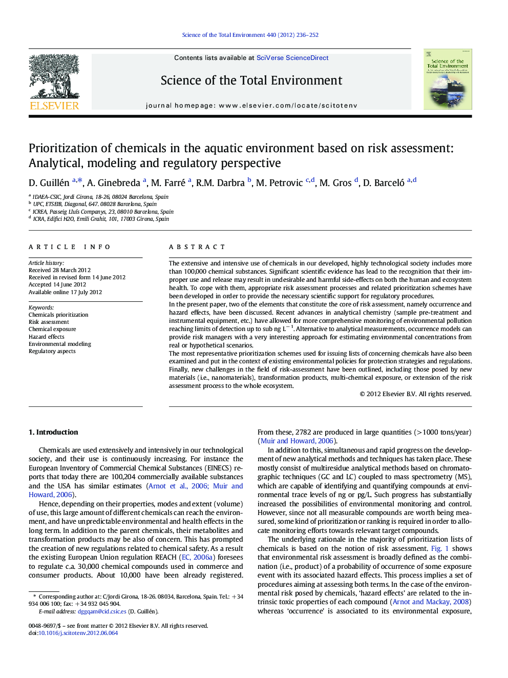 Prioritization of chemicals in the aquatic environment based on risk assessment: Analytical, modeling and regulatory perspective