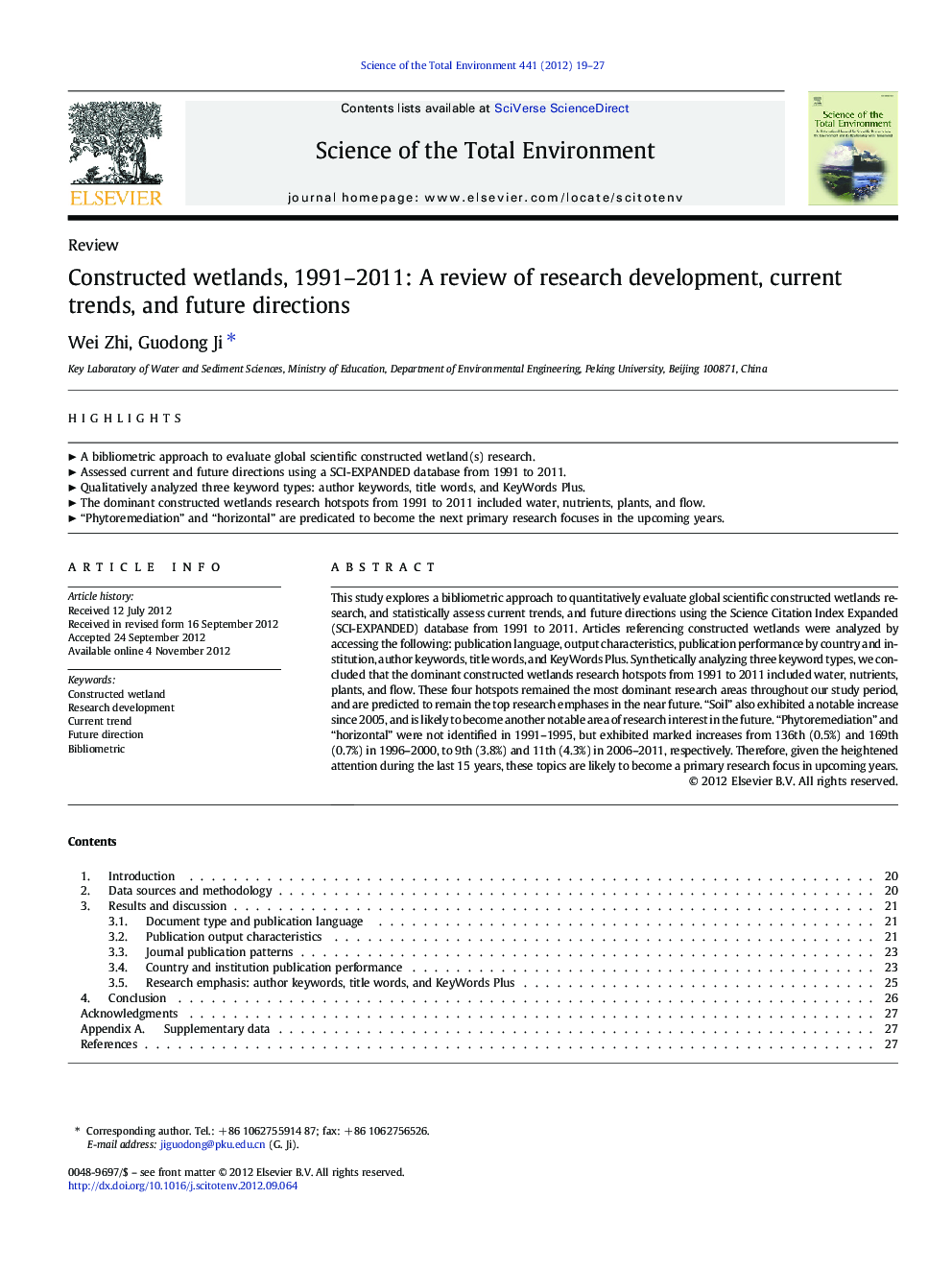 Constructed wetlands, 1991–2011: A review of research development, current trends, and future directions