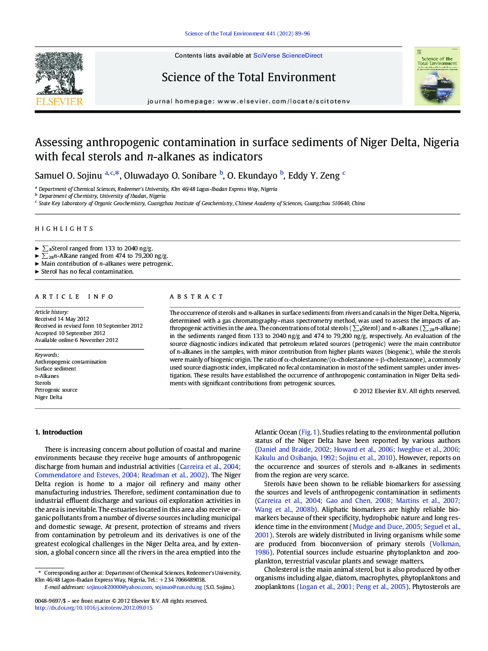 Assessing anthropogenic contamination in surface sediments of Niger Delta, Nigeria with fecal sterols and n-alkanes as indicators
