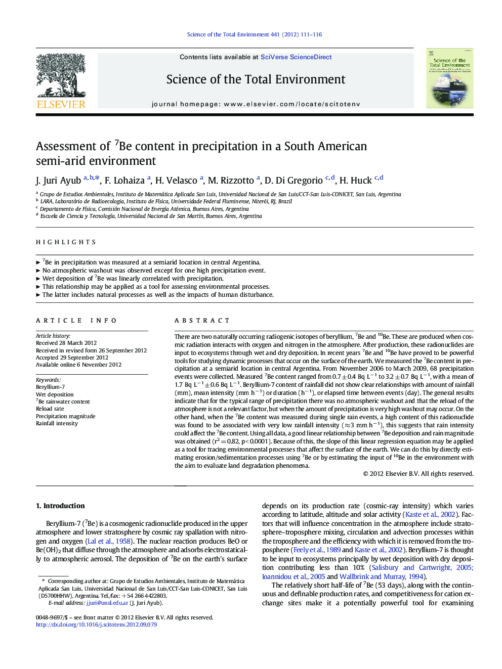 Assessment of 7Be content in precipitation in a South American semi-arid environment