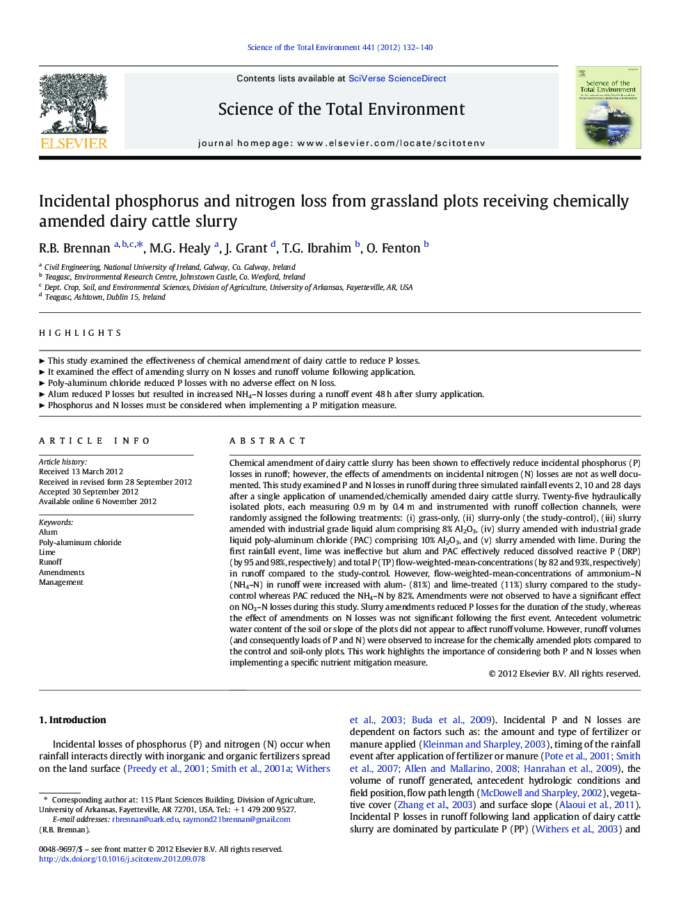 Incidental phosphorus and nitrogen loss from grassland plots receiving chemically amended dairy cattle slurry