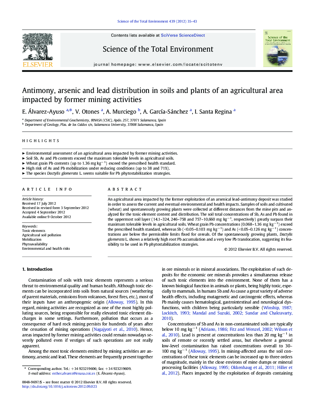 Antimony, arsenic and lead distribution in soils and plants of an agricultural area impacted by former mining activities