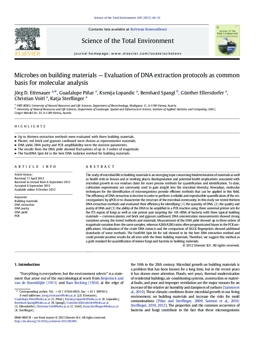 Microbes on building materials — Evaluation of DNA extraction protocols as common basis for molecular analysis