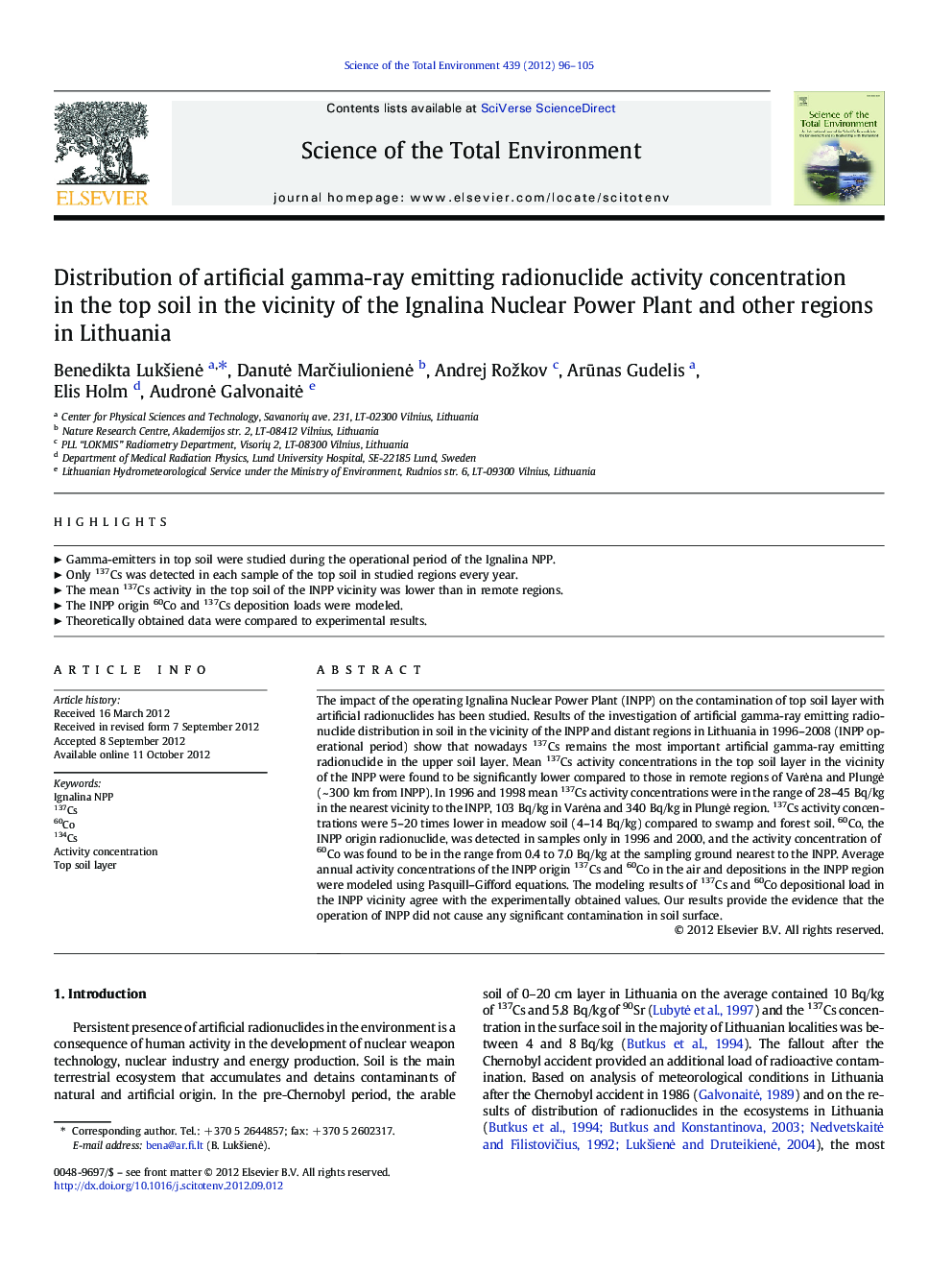 Distribution of artificial gamma-ray emitting radionuclide activity concentration in the top soil in the vicinity of the Ignalina Nuclear Power Plant and other regions in Lithuania