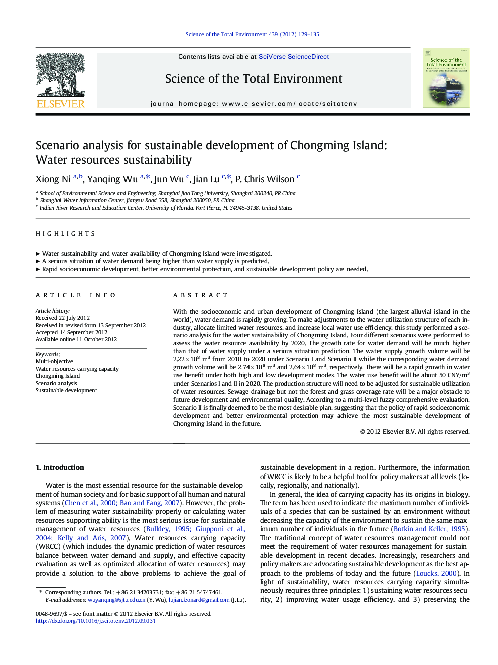 Scenario analysis for sustainable development of Chongming Island: Water resources sustainability