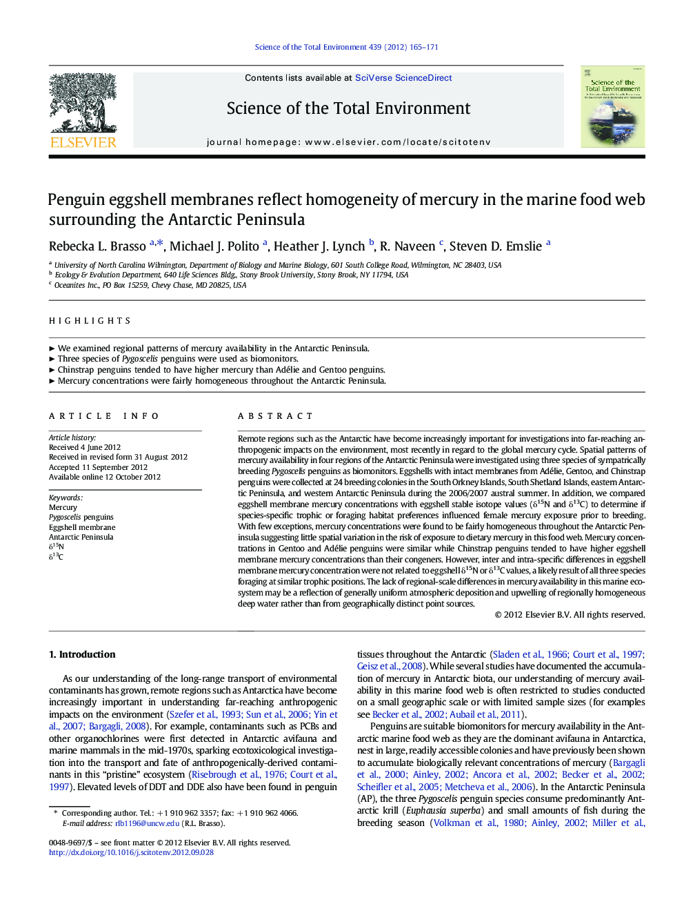 Penguin eggshell membranes reflect homogeneity of mercury in the marine food web surrounding the Antarctic Peninsula