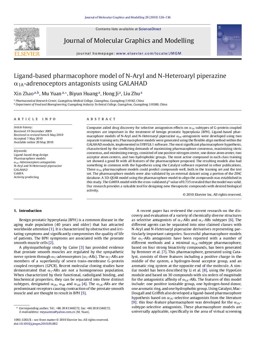 Ligand-based pharmacophore model of N-Aryl and N-Heteroaryl piperazine α1A-adrenoceptors antagonists using GALAHAD