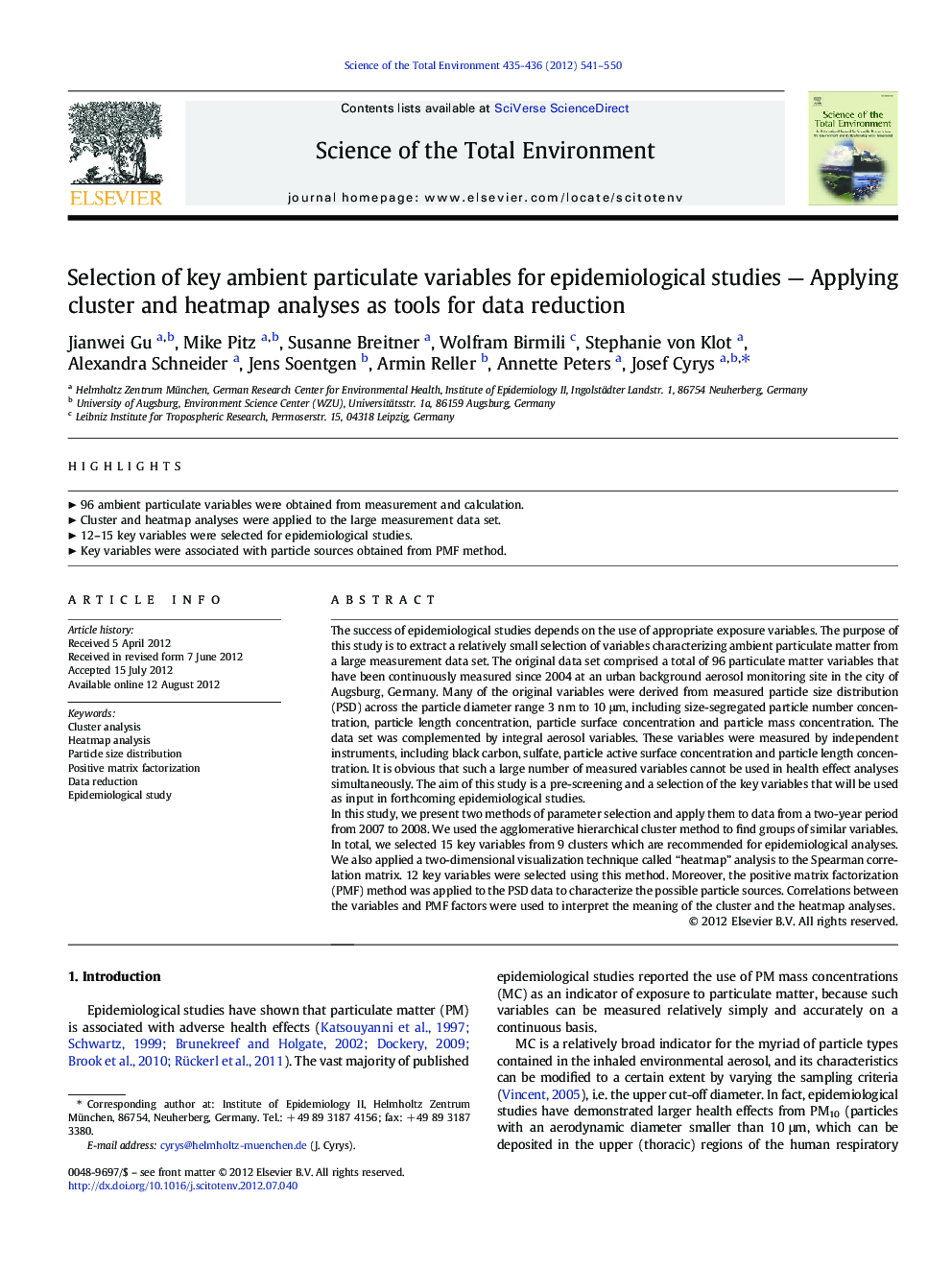 Selection of key ambient particulate variables for epidemiological studies — Applying cluster and heatmap analyses as tools for data reduction