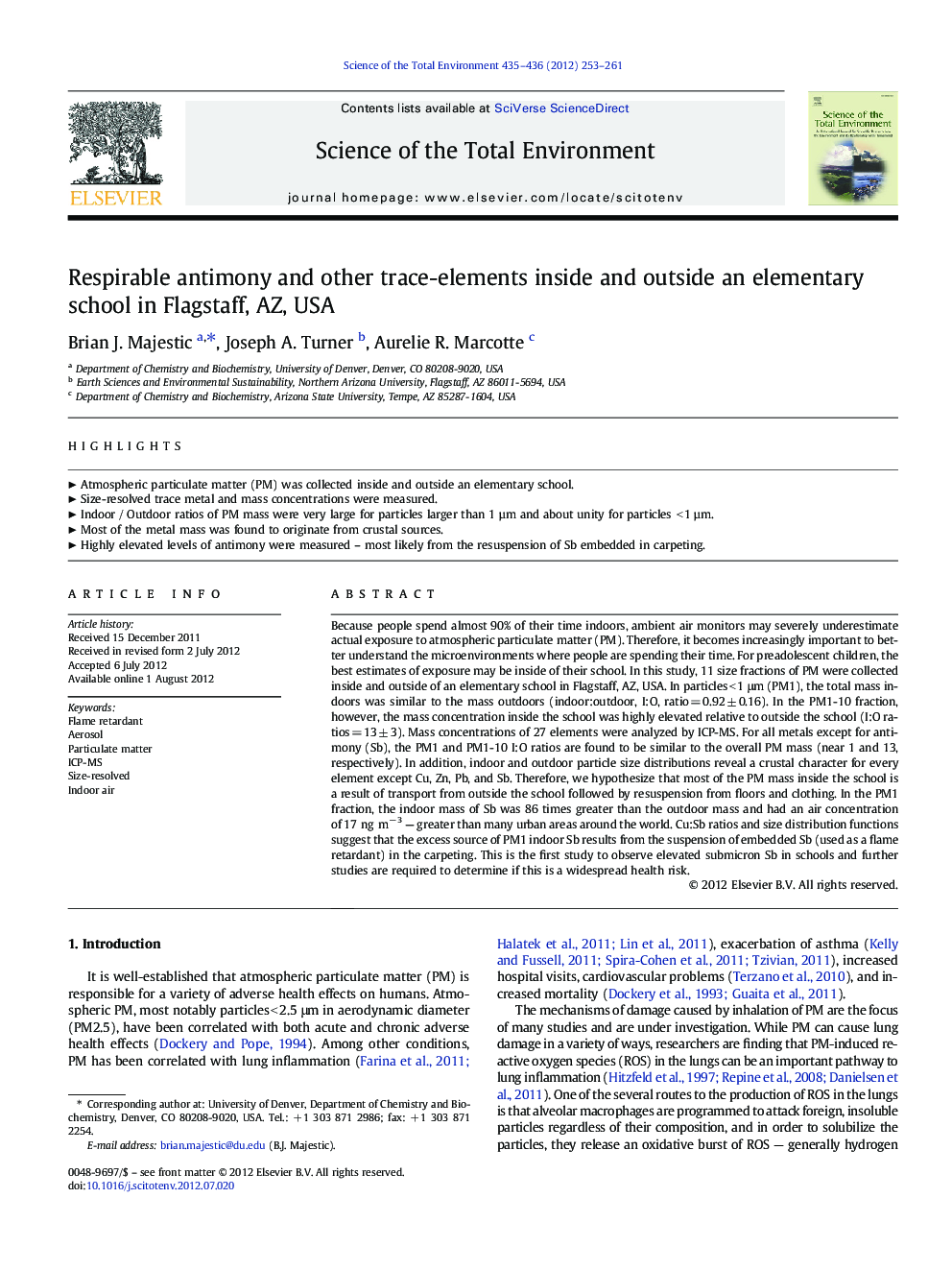 Respirable antimony and other trace-elements inside and outside an elementary school in Flagstaff, AZ, USA