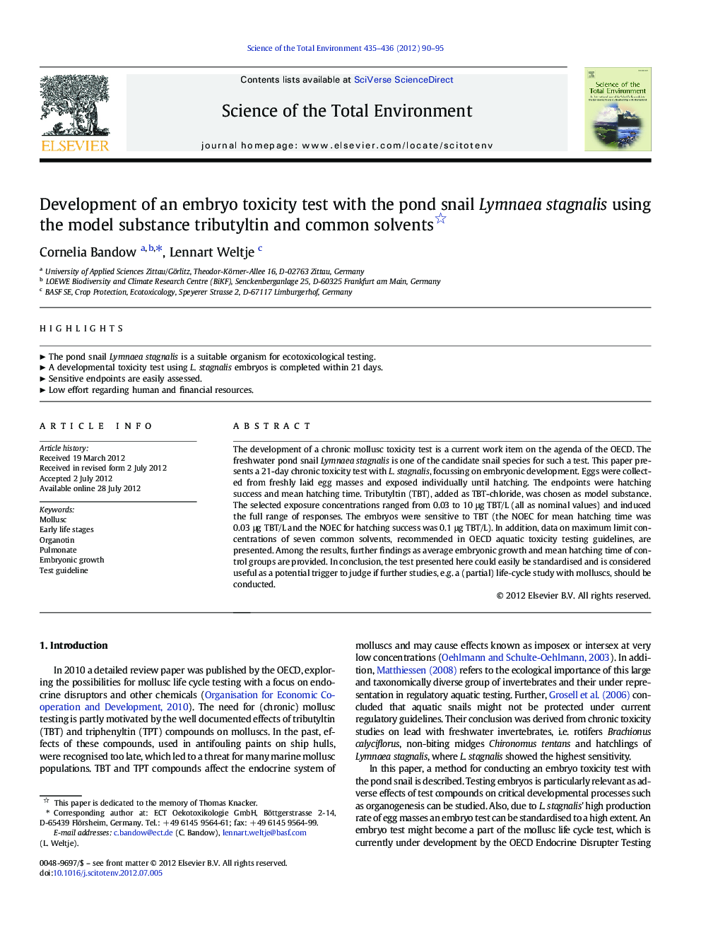 Development of an embryo toxicity test with the pond snail Lymnaea stagnalis using the model substance tributyltin and common solvents 