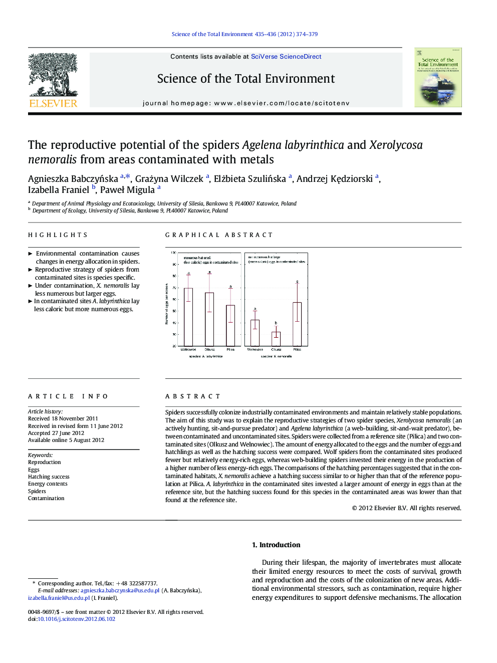 The reproductive potential of the spiders Agelena labyrinthica and Xerolycosa nemoralis from areas contaminated with metals