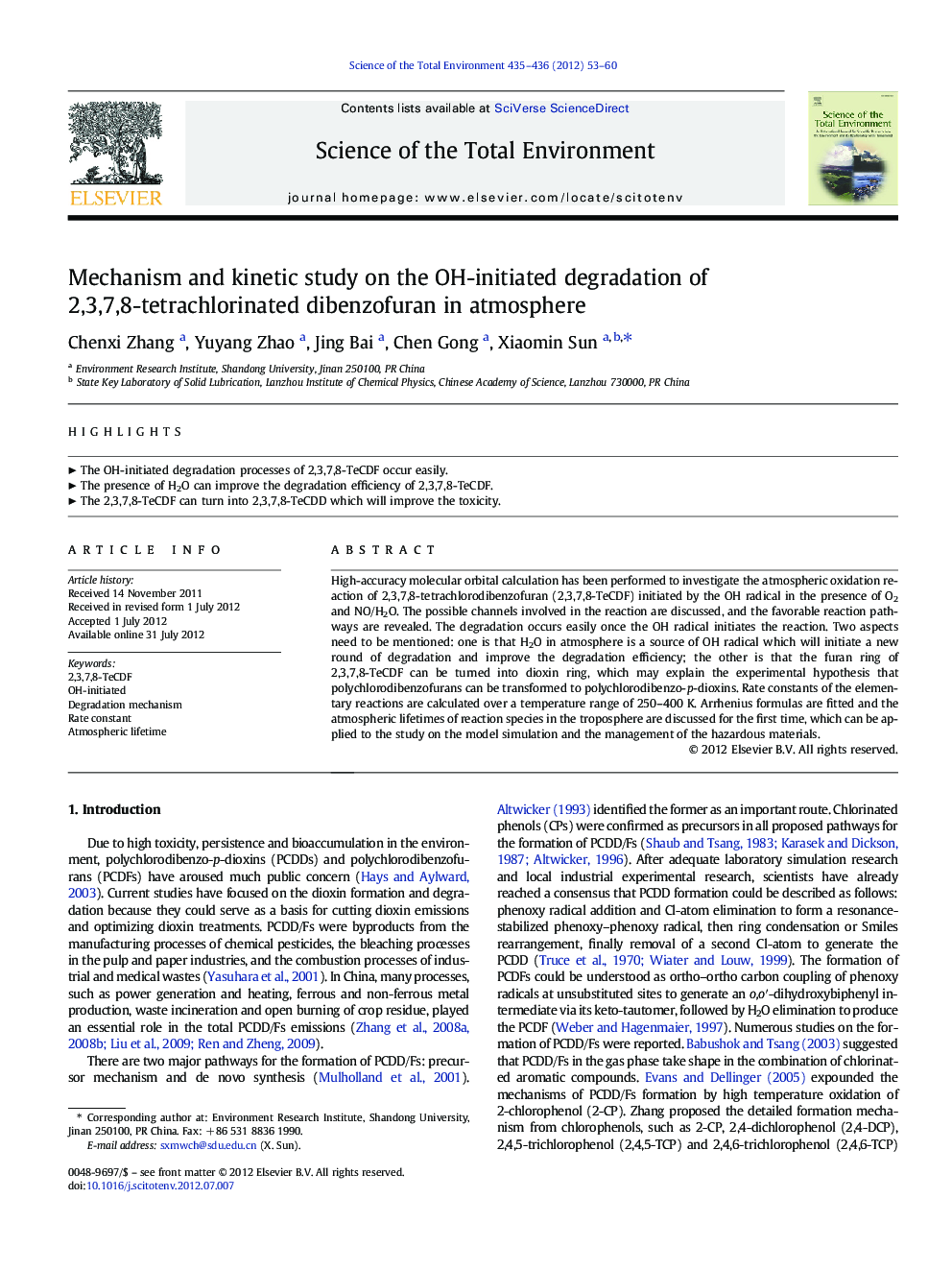 Mechanism and kinetic study on the OH-initiated degradation of 2,3,7,8-tetrachlorinated dibenzofuran in atmosphere