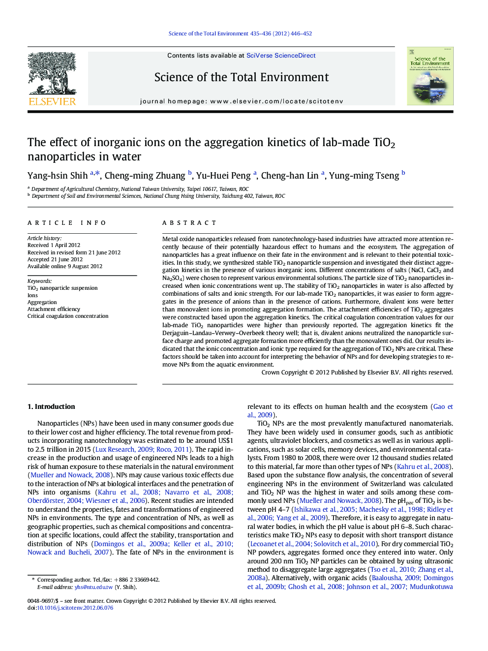 The effect of inorganic ions on the aggregation kinetics of lab-made TiO2 nanoparticles in water