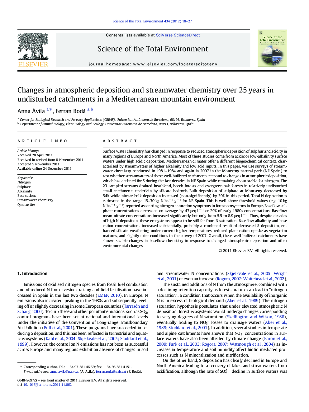 Changes in atmospheric deposition and streamwater chemistry over 25 years in undisturbed catchments in a Mediterranean mountain environment