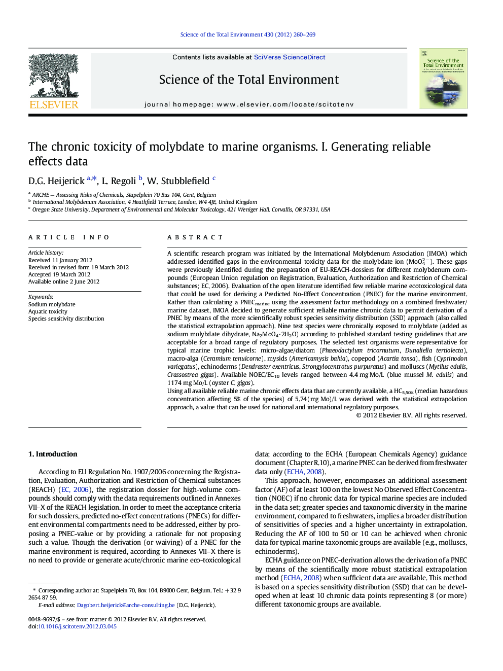The chronic toxicity of molybdate to marine organisms. I. Generating reliable effects data