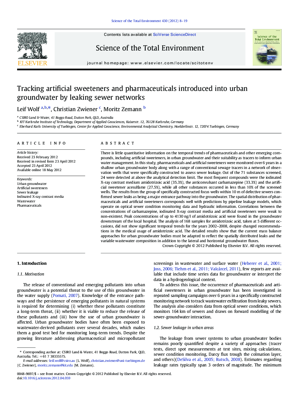 Tracking artificial sweeteners and pharmaceuticals introduced into urban groundwater by leaking sewer networks