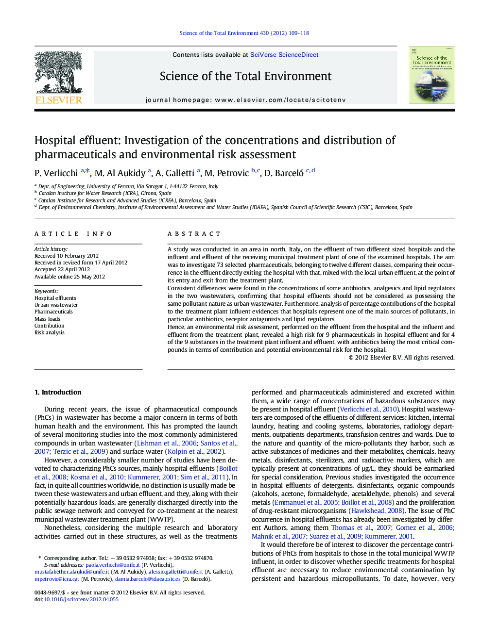 Hospital effluent: Investigation of the concentrations and distribution of pharmaceuticals and environmental risk assessment