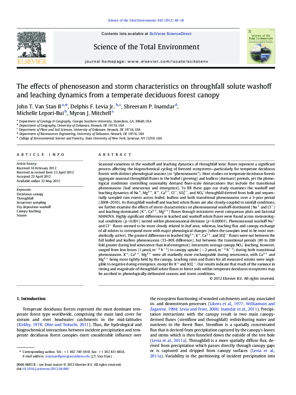 The effects of phenoseason and storm characteristics on throughfall solute washoff and leaching dynamics from a temperate deciduous forest canopy