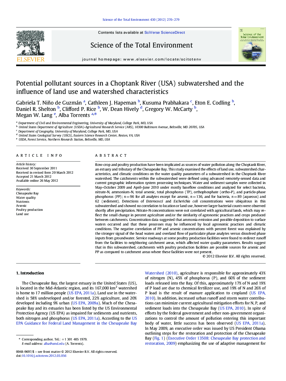 Potential pollutant sources in a Choptank River (USA) subwatershed and the influence of land use and watershed characteristics