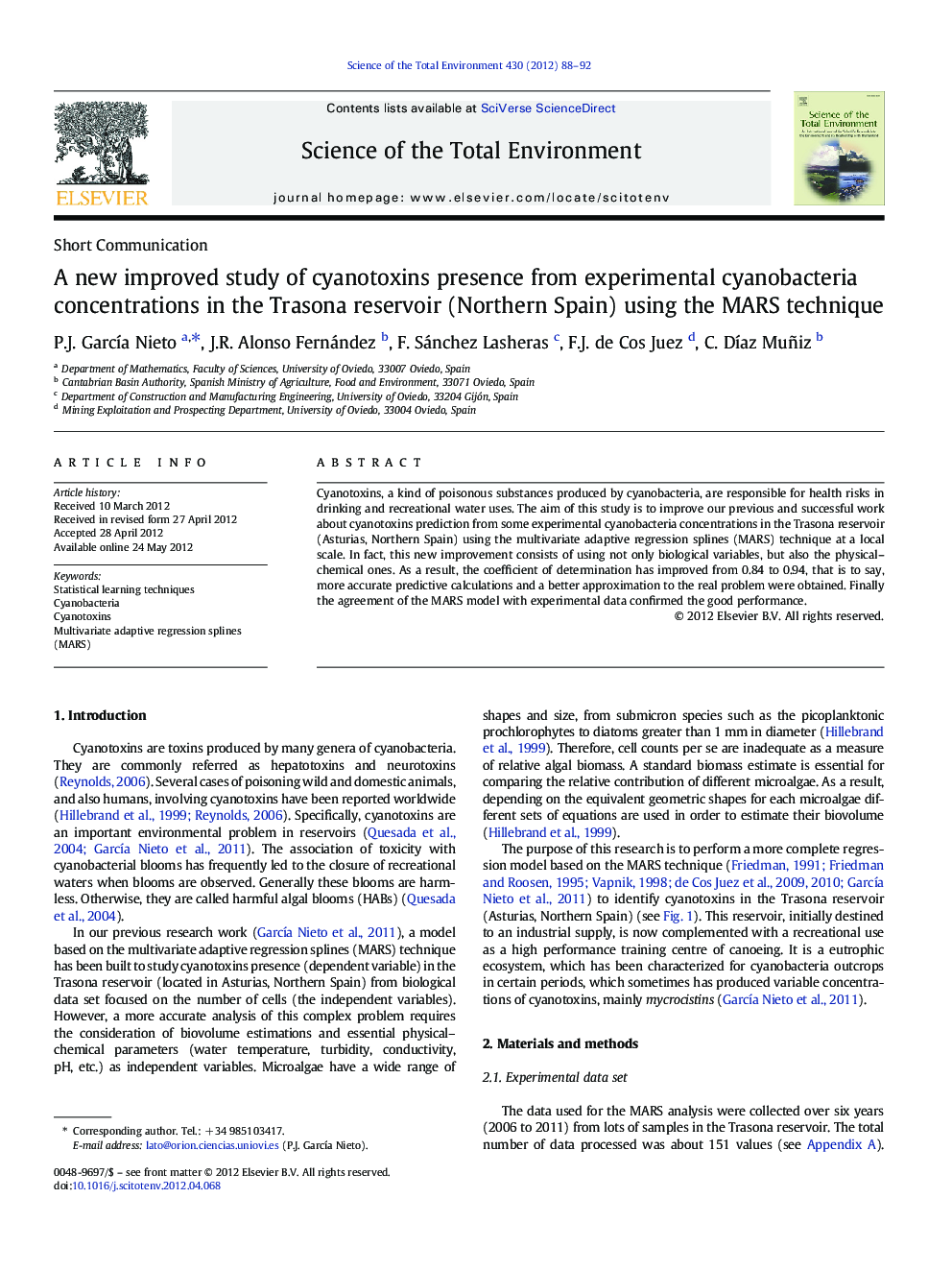 A new improved study of cyanotoxins presence from experimental cyanobacteria concentrations in the Trasona reservoir (Northern Spain) using the MARS technique