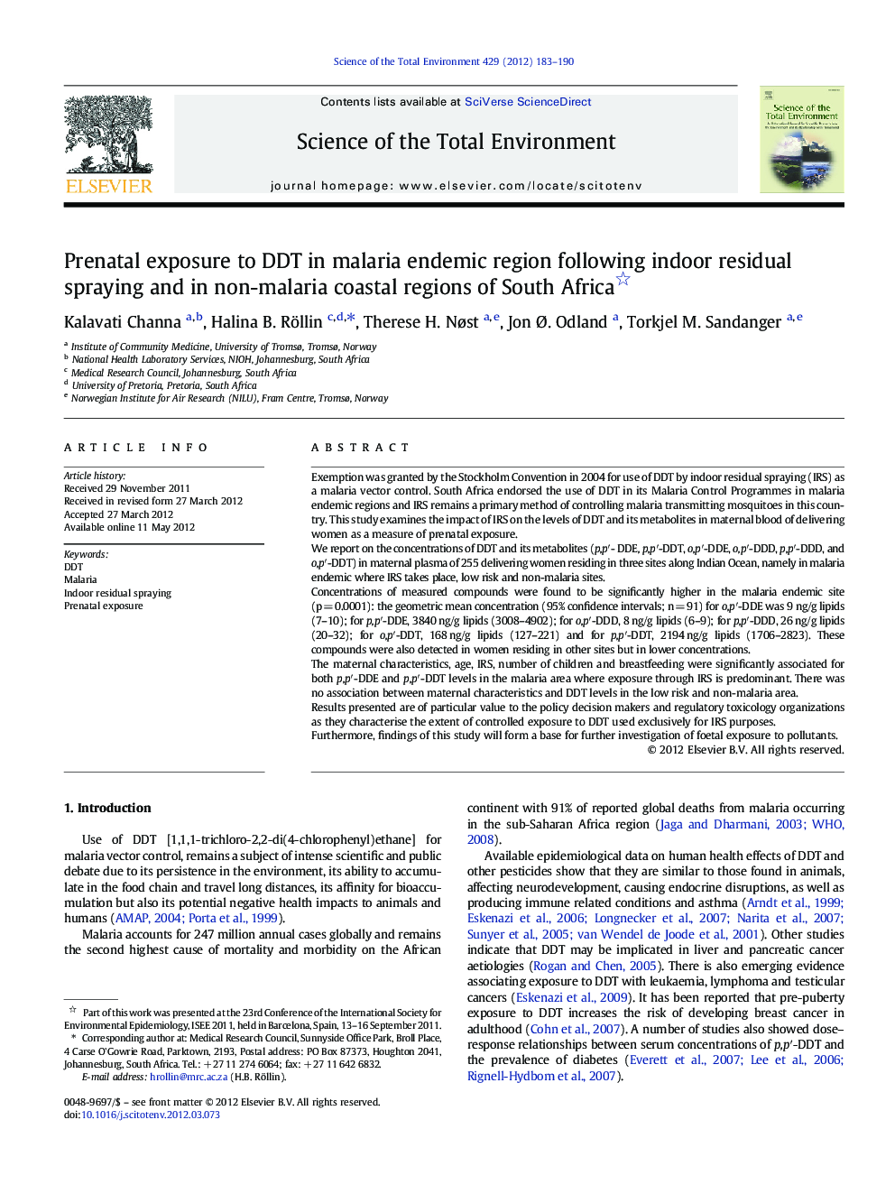 Prenatal exposure to DDT in malaria endemic region following indoor residual spraying and in non-malaria coastal regions of South Africa 