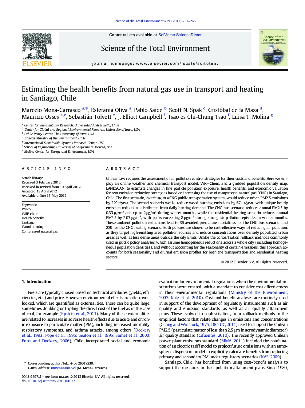 Estimating the health benefits from natural gas use in transport and heating in Santiago, Chile