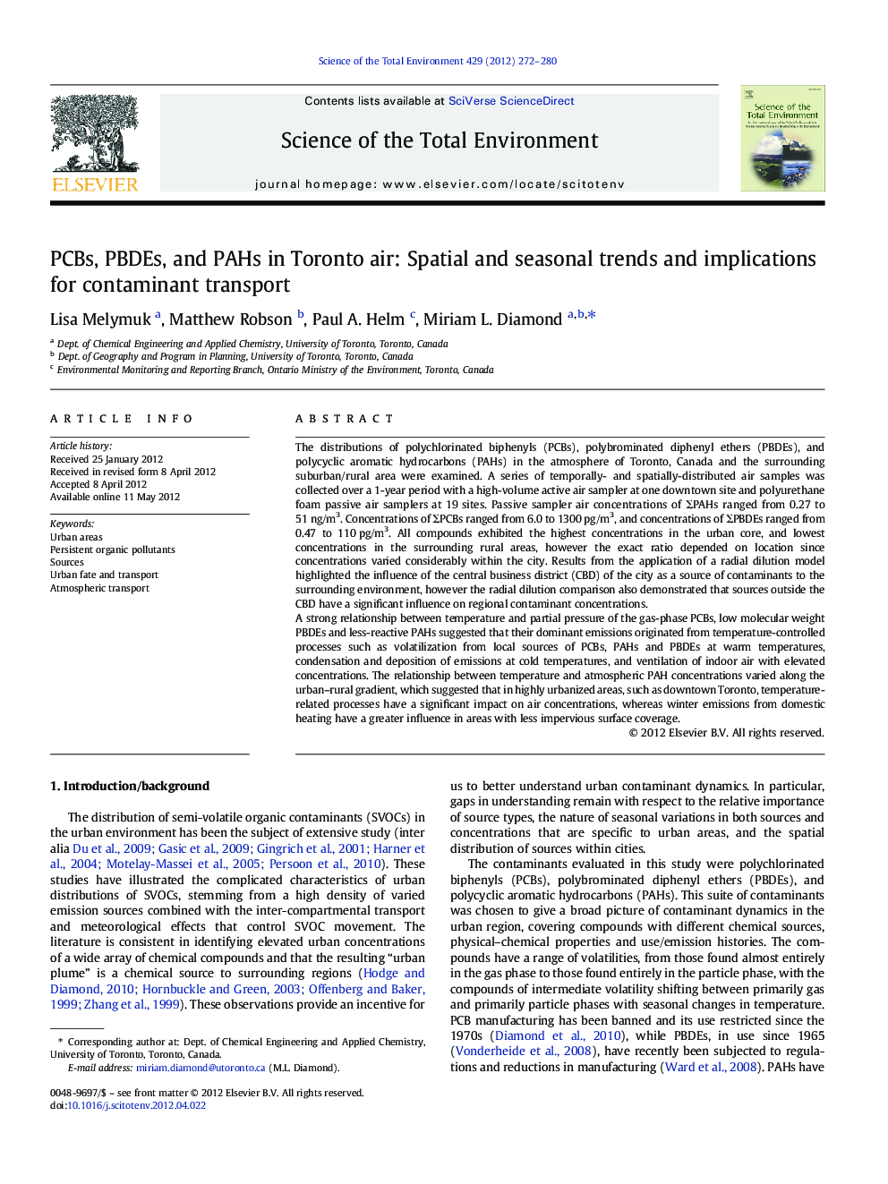 PCBs, PBDEs, and PAHs in Toronto air: Spatial and seasonal trends and implications for contaminant transport