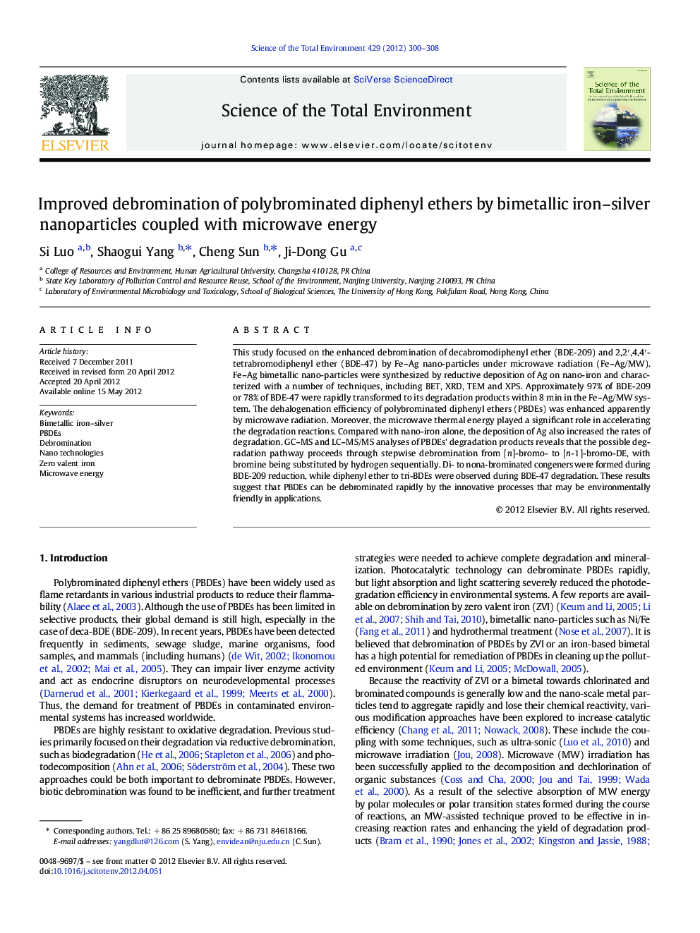 Improved debromination of polybrominated diphenyl ethers by bimetallic iron-silver nanoparticles coupled with microwave energy