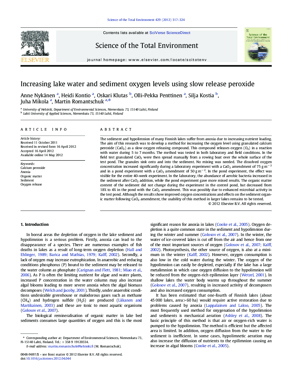 Increasing lake water and sediment oxygen levels using slow release peroxide