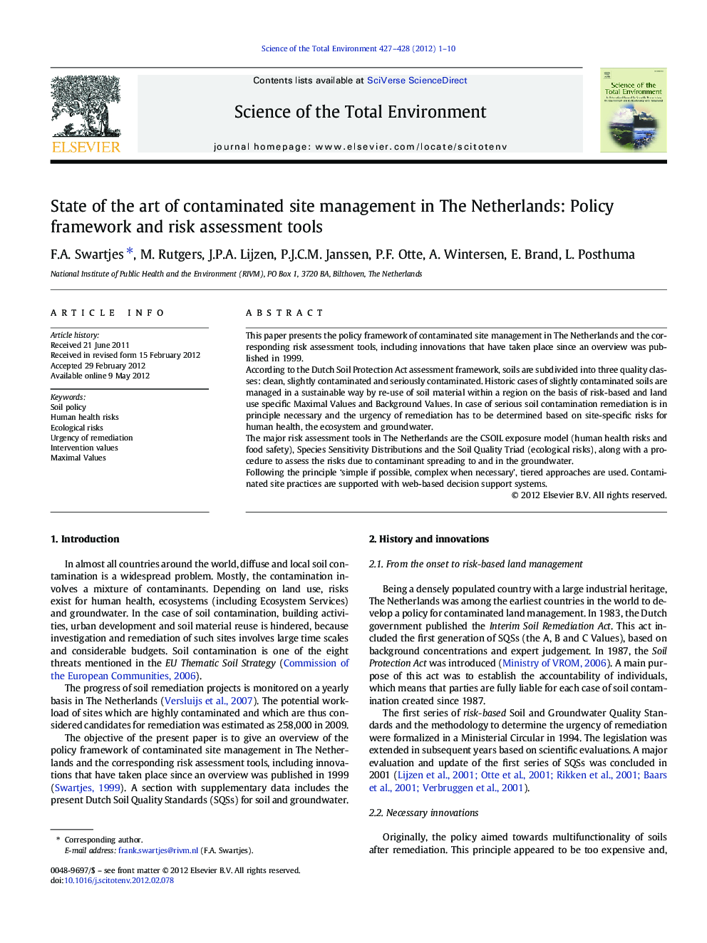 State of the art of contaminated site management in The Netherlands: Policy framework and risk assessment tools