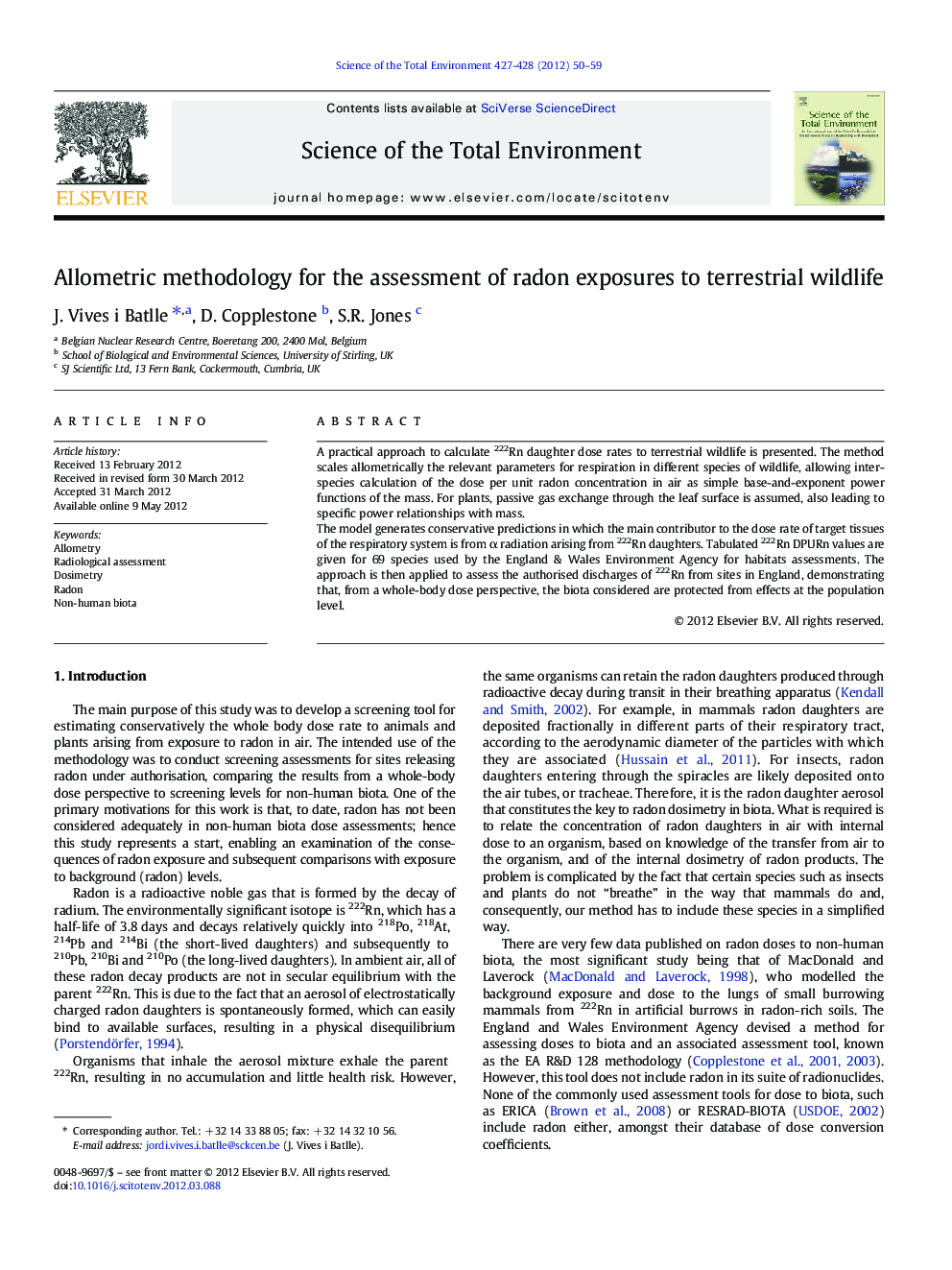 Allometric methodology for the assessment of radon exposures to terrestrial wildlife