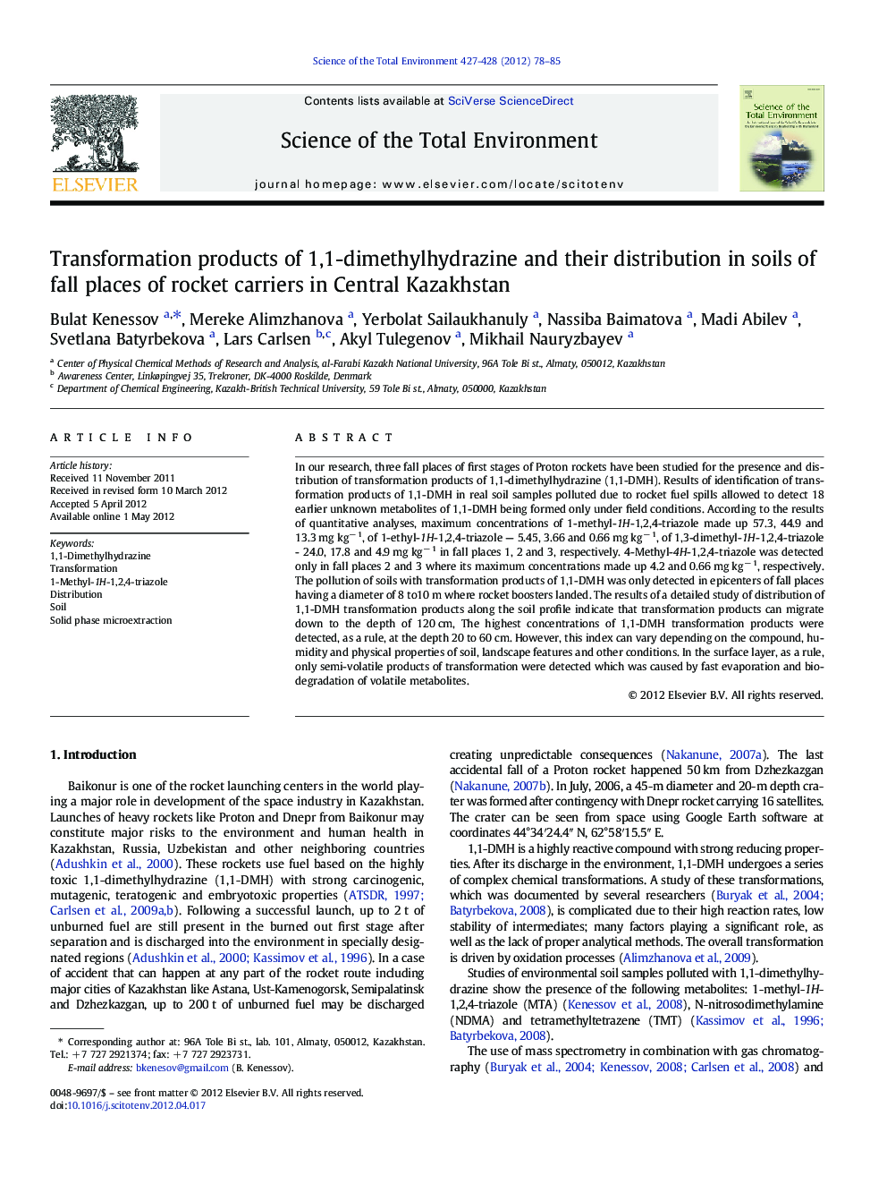 Transformation products of 1,1-dimethylhydrazine and their distribution in soils of fall places of rocket carriers in Central Kazakhstan