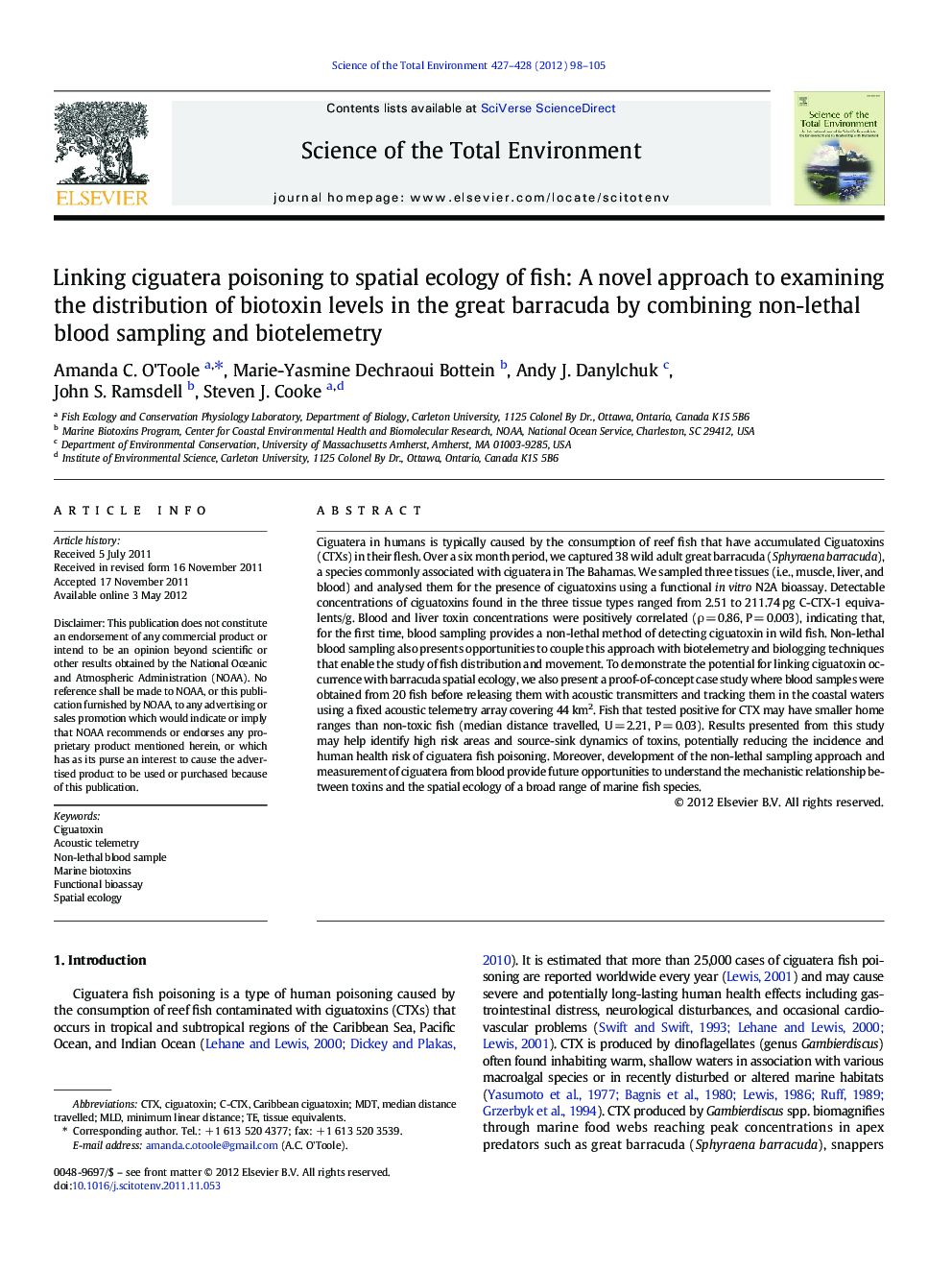 Linking ciguatera poisoning to spatial ecology of fish: A novel approach to examining the distribution of biotoxin levels in the great barracuda by combining non-lethal blood sampling and biotelemetry