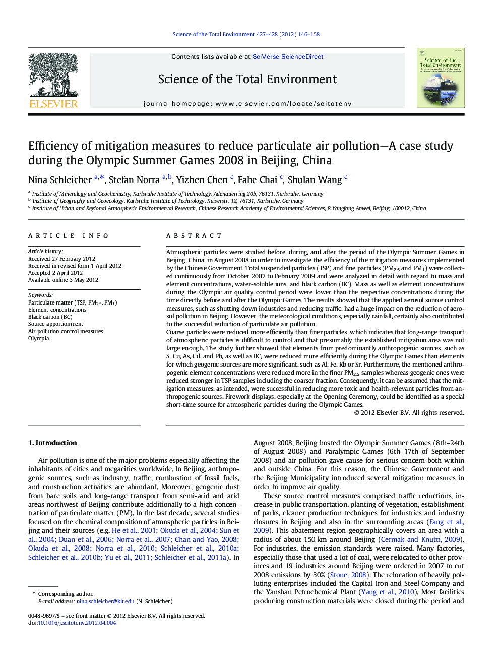 Efficiency of mitigation measures to reduce particulate air pollution—A case study during the Olympic Summer Games 2008 in Beijing, China