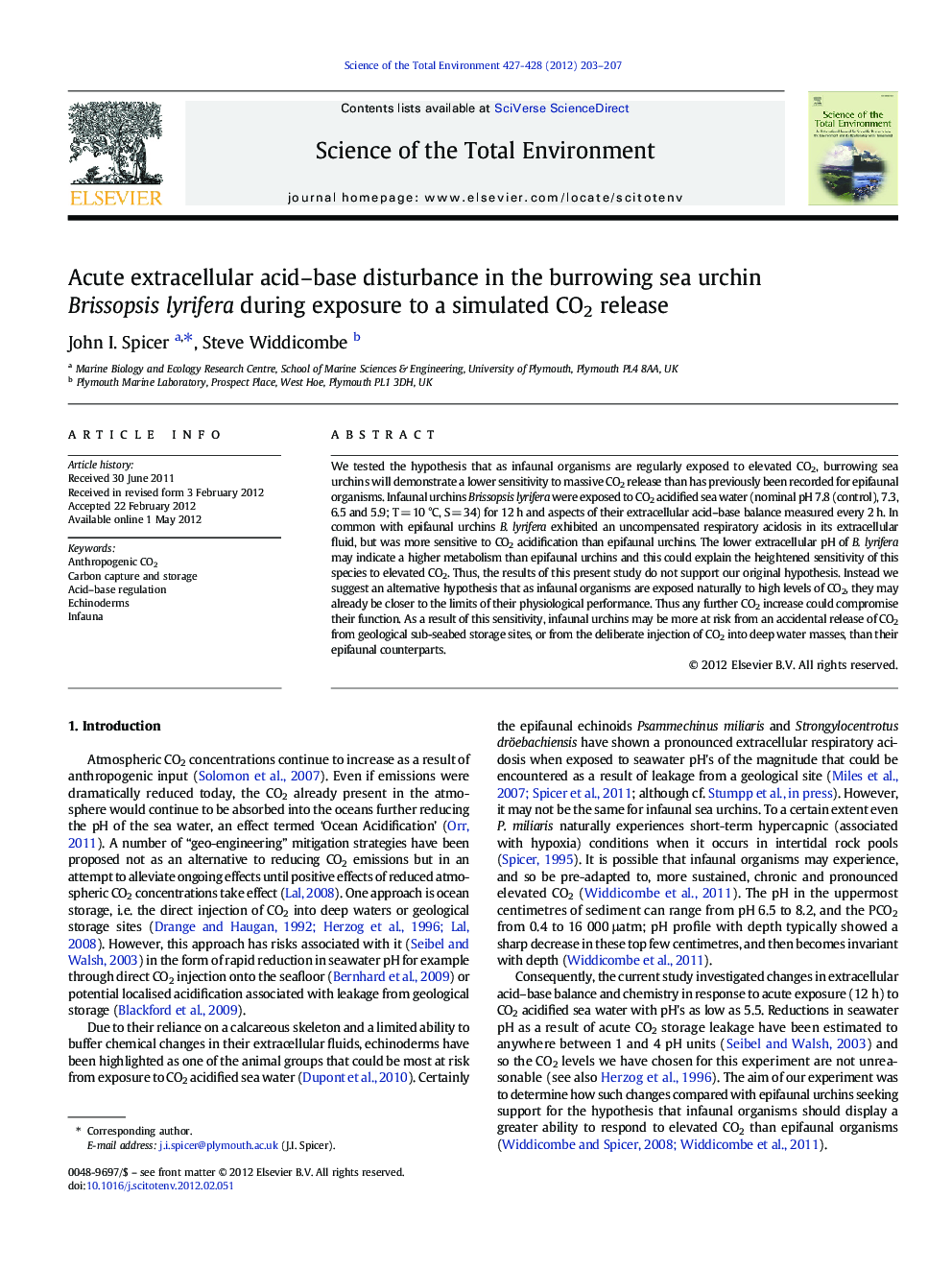 Acute extracellular acid–base disturbance in the burrowing sea urchin Brissopsis lyrifera during exposure to a simulated CO2 release