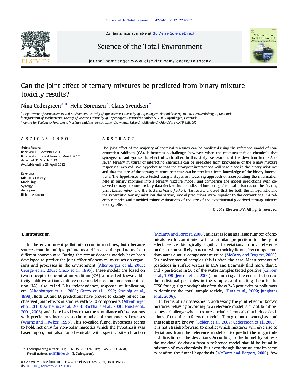 Can the joint effect of ternary mixtures be predicted from binary mixture toxicity results?