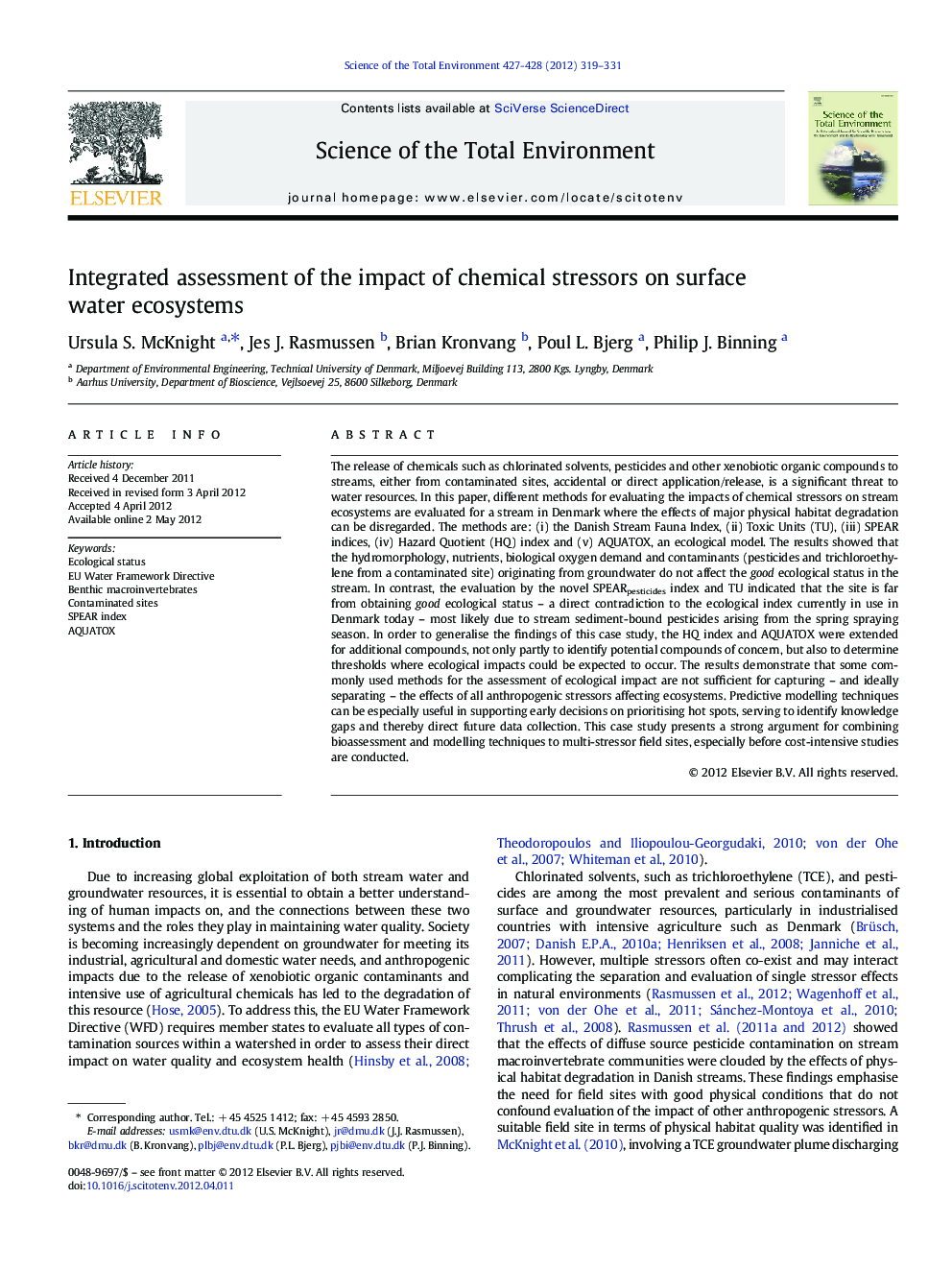 Integrated assessment of the impact of chemical stressors on surface water ecosystems
