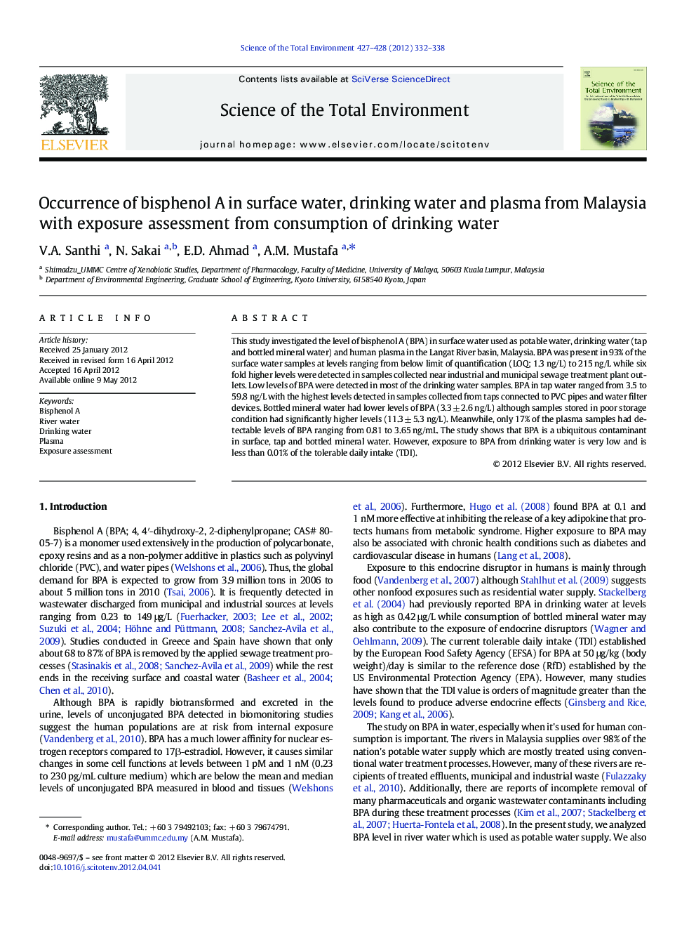 Occurrence of bisphenol A in surface water, drinking water and plasma from Malaysia with exposure assessment from consumption of drinking water