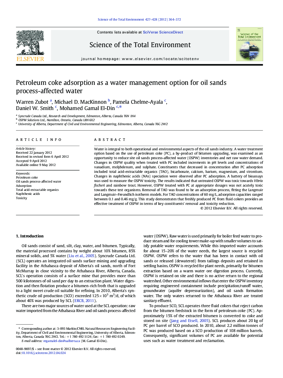 Petroleum coke adsorption as a water management option for oil sands process-affected water