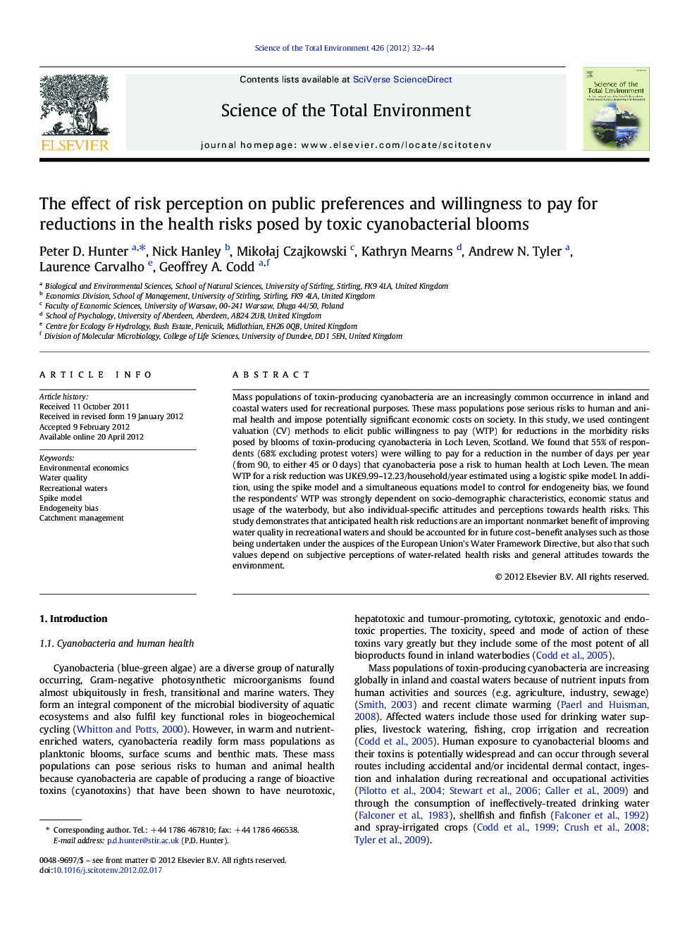 The effect of risk perception on public preferences and willingness to pay for reductions in the health risks posed by toxic cyanobacterial blooms