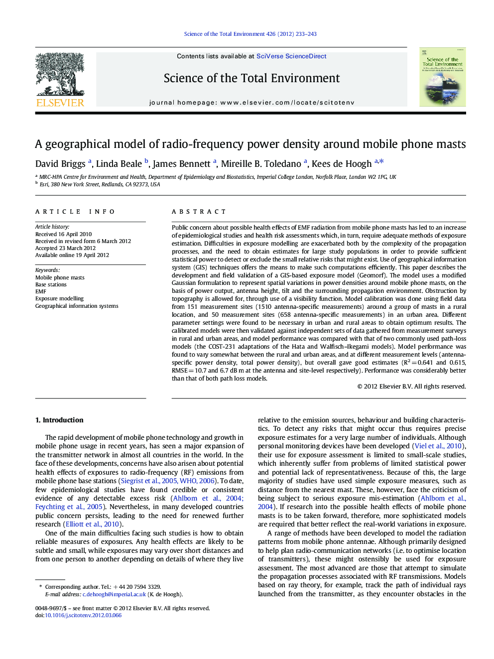 A geographical model of radio-frequency power density around mobile phone masts