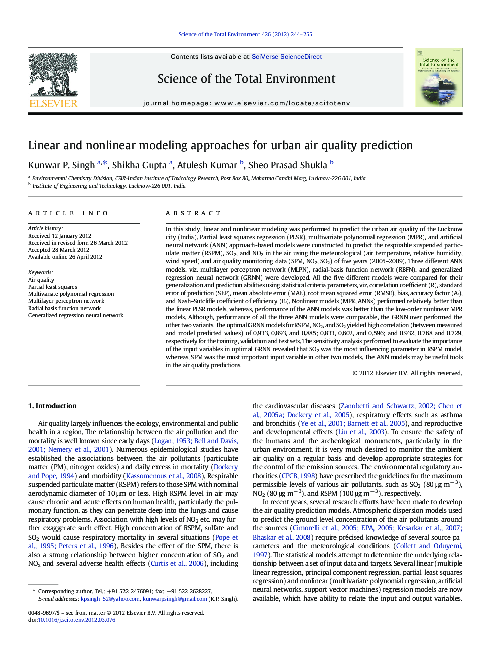 Linear and nonlinear modeling approaches for urban air quality prediction