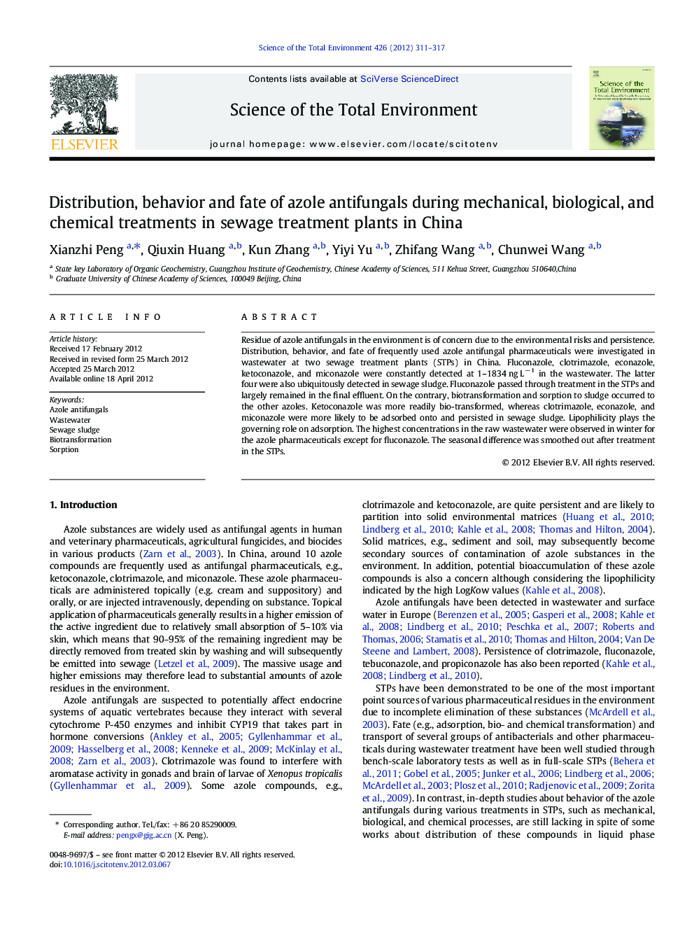 Distribution, behavior and fate of azole antifungals during mechanical, biological, and chemical treatments in sewage treatment plants in China