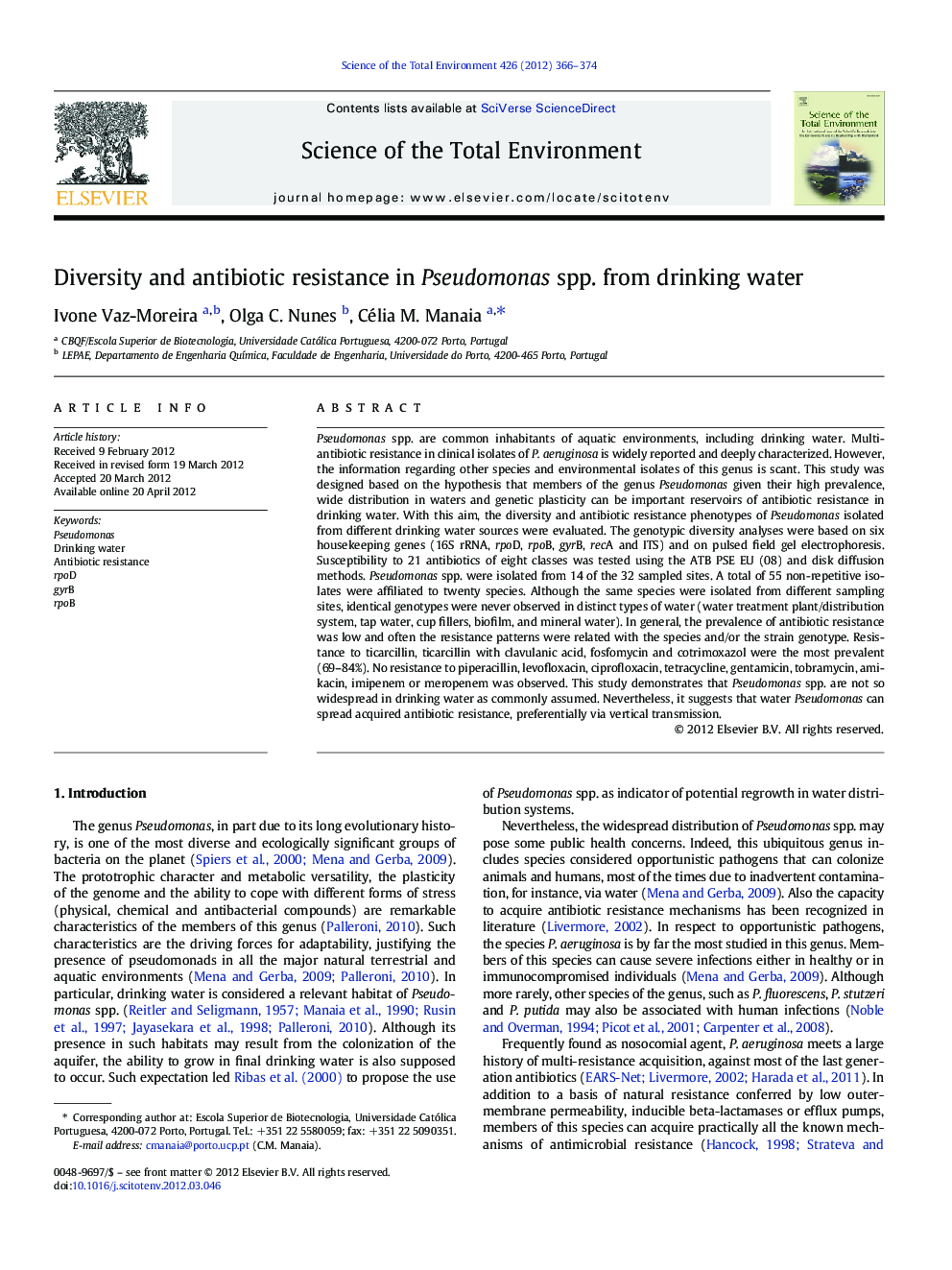 Diversity and antibiotic resistance in Pseudomonas spp. from drinking water