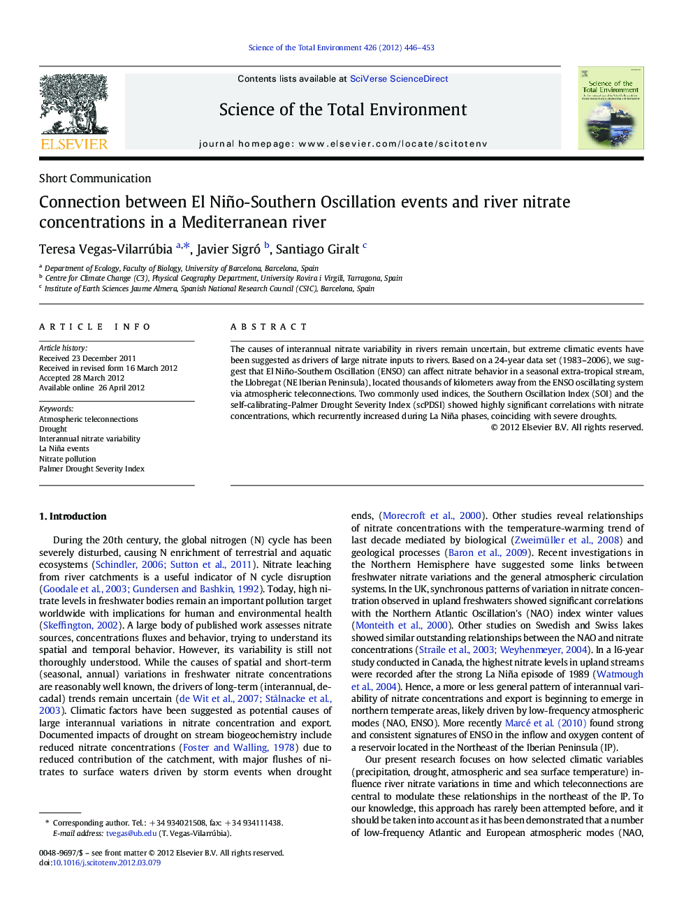 Connection between El Niño-Southern Oscillation events and river nitrate concentrations in a Mediterranean river