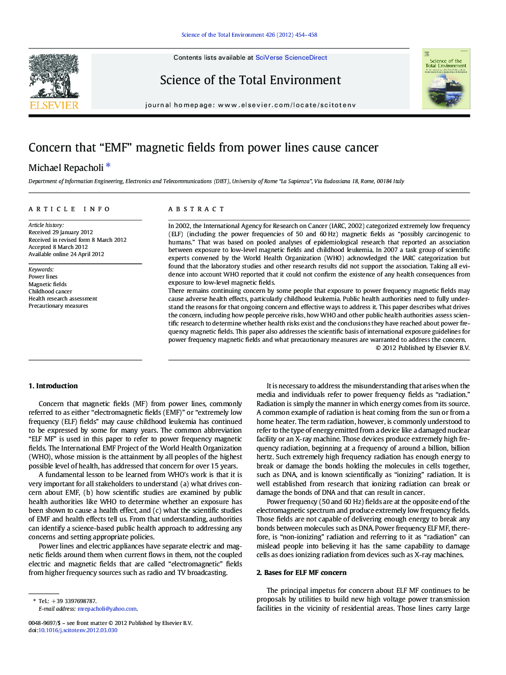 Concern that “EMF” magnetic fields from power lines cause cancer